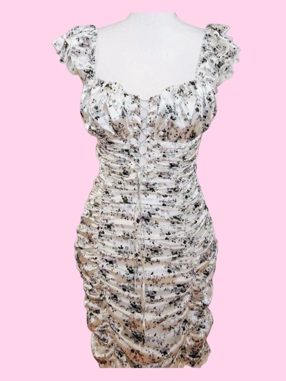 Floral Ruched Mini Dress in White & Black Like New